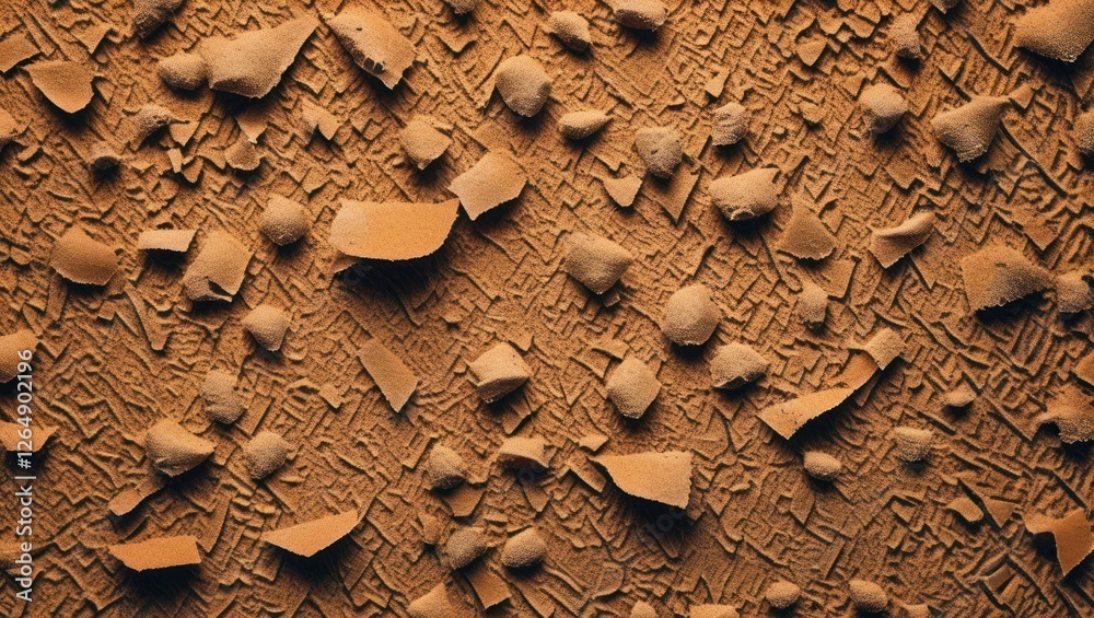 Poster Textured surface featuring a variety of brown and orange particles with fine details and irregular shapes on a flat background Copy Space