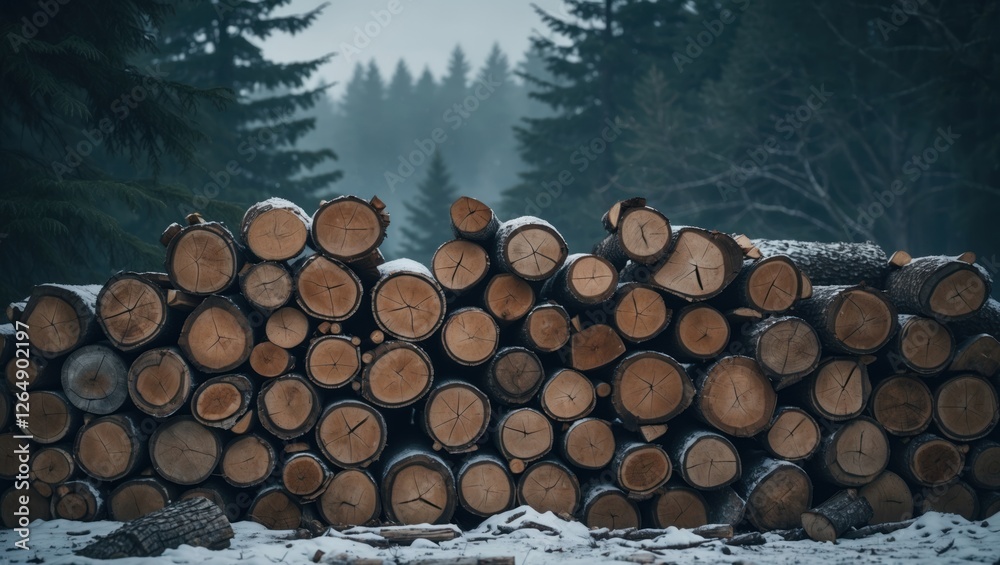 Poster stacked wooden logs in a snowy forest with pine trees in the background and fog covering the landsca