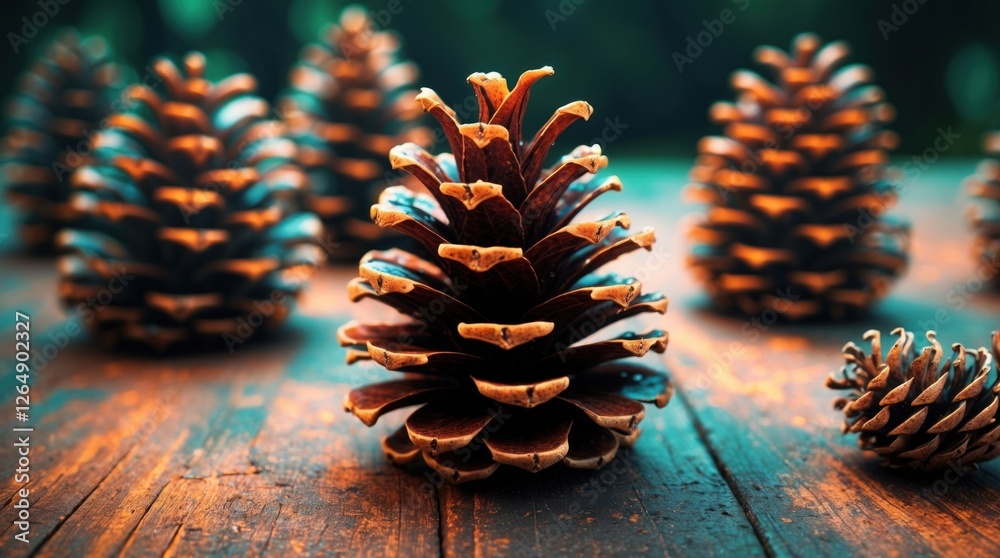 Poster pine cones on weathered wooden surface with blurred background and natural lighting showcasing textu