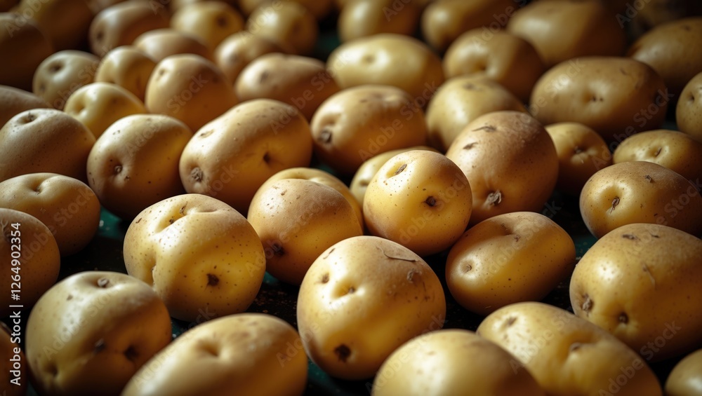 Poster Close-up of freshly harvested potatoes arranged in a uniform pattern with natural lighting and texture details Copy Space