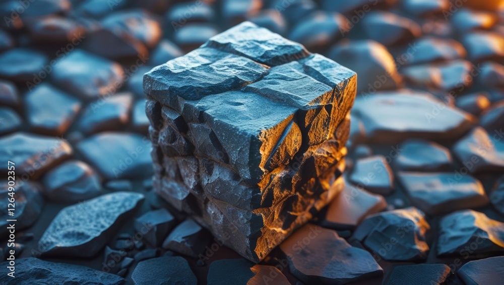 Poster Textured stone cube on uneven rocky ground with dramatic lighting and depth of field Copy Space