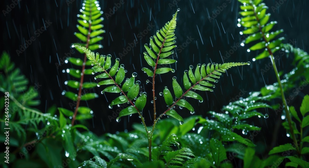 Poster close-up of green fern leaves with water droplets during rainfall in dark environment with blurred b