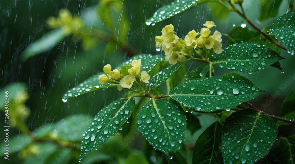 Aufkleber Close-up view of green leaves and yellow flowers with raindrops on petals and foliage in a natural setting with soft background bokeh Copy Space