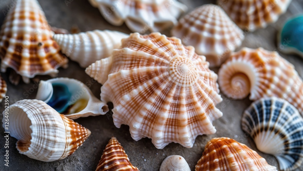 Poster Close-up of various seashells with intricate patterns and textures arranged on a flat surface Copy Space