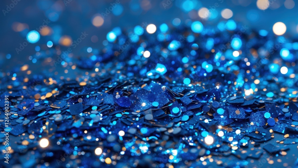 Aufkleber Blue glitter in various shapes scattered on a surface with bokeh background effects and selective focus, ideal for festive themes and designs.