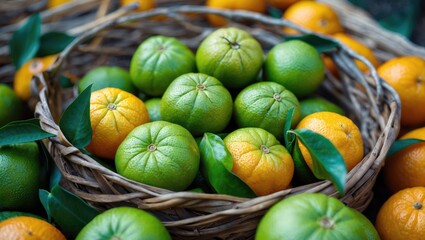 Freshly harvested citrus fruits in a rustic wicker basket featuring green and orange oranges with leaves, soft focus background, Copy Space