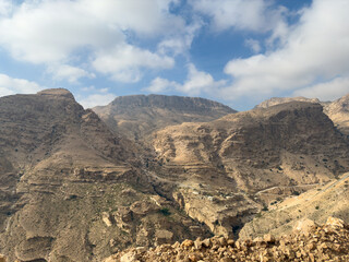 Scenic views on the mountain road from Fins to Wadi Ash Shab, Oman