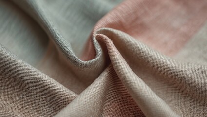 Textured fabric close-up featuring a mix of beige, gray, and light pink tones with natural folds and creases, ideal for textile industries.