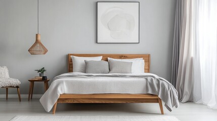 Cozy bedroom with a classic wooden bed frame, pastel bedding, and a minimalist yet inviting design
