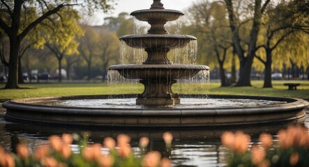 Three-tier stone fountain in a park surrounded by trees and blooming tulips with soft natural lighting and water cascading down, Copy Space