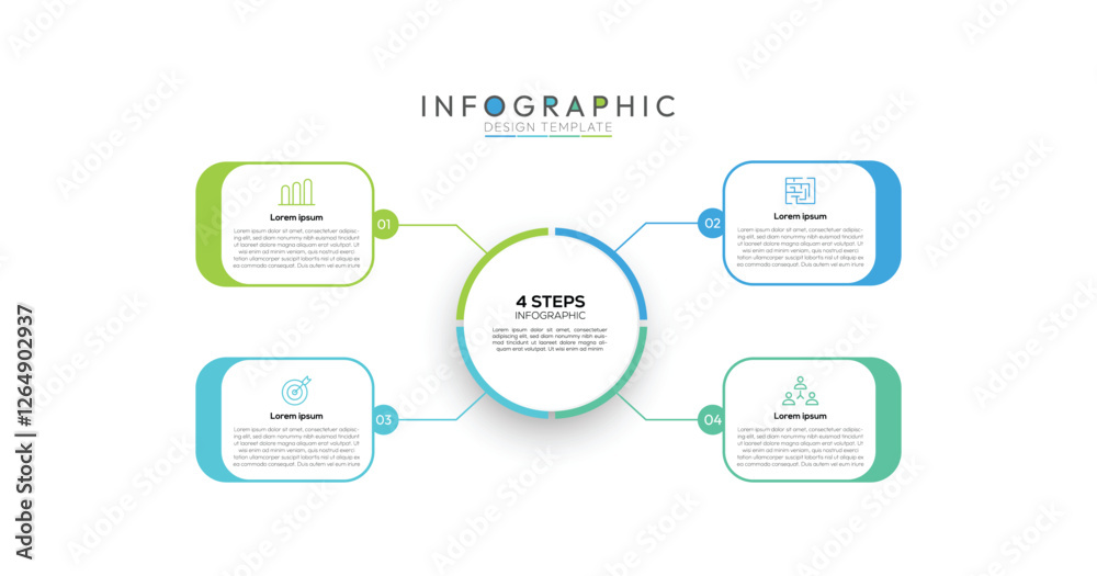 Poster 4 steps square infographic four square or slightly rounded rectangle elements branch out from the ce