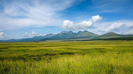 Fototapeta premium Vast Green Field with Mountain Range Under Blue Sky
