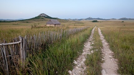 Country Road Through Grassy Field with Small Hut