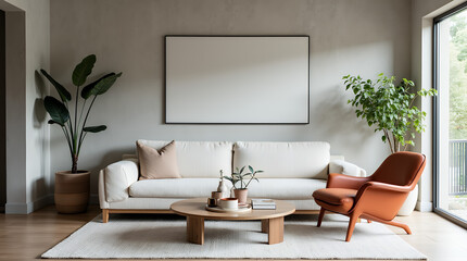 Japandi, minimalist loft interior design of modern living room