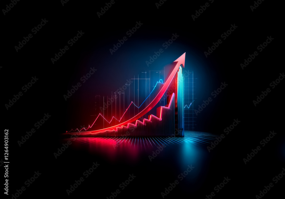 Poster A vibrant red arrow ascends against a backdrop of blue graph lines, symbolizing progress and positive trends on a dark background.