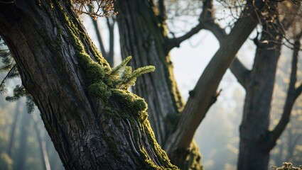 Fototapeta premium Close-up of moss-covered tree bark with ferns in a forest setting natural light and soft focus on background Copy Space