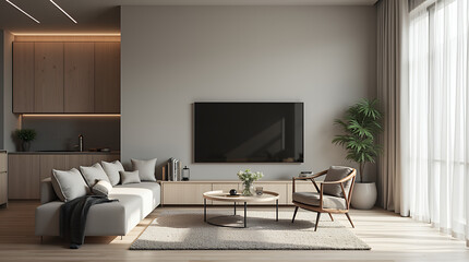 Japandi, minimalist loft interior design of modern living room