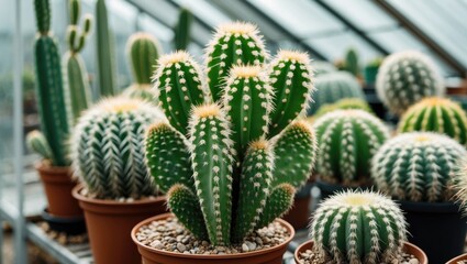 Cacti in various shapes and sizes arranged in pots inside greenhouse with soft lighting and focused details Copy Space