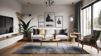 Fototapeta premium Bright minimalist Scandinavian living room with neutral gray couch and airy design to create a calm peaceful atmosphere Modern Interior Design Inspiration