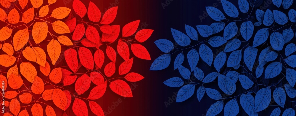 Poster vibrant red and blue leaves background with floral pattern and contrast for creative design projects