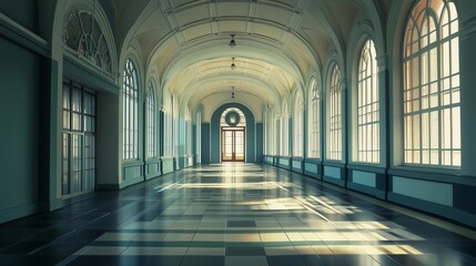 A long hallway with a lot of windows and a door. The hallway is empty and the light is shining through the windows