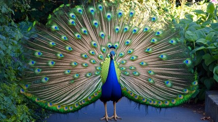 Obraz premium A Majestic Peacock Displaying Vibrant Tail Feathers in a Flourishing Garden