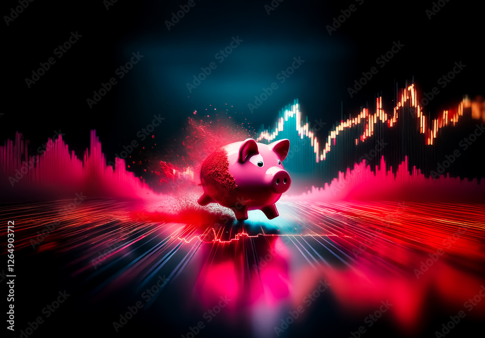 Poster a pink piggy bank is positioned against a backdrop of dynamic financial graphs, symbolizing savings 