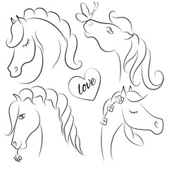 Set of vector illustrations of cartoon horses. Horse in line style. Stickers.