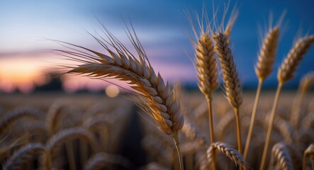 Close-up of golden wheat ears at sunset with blurred field background and soft bokeh effect in sky highlighted by vibrant colors Copy Space