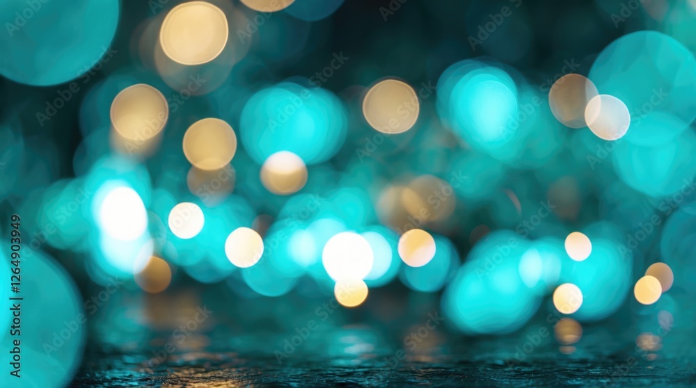 Poster abstract bokeh background with blurred turquoise and gold light spots illuminated in a festive patte