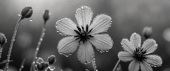 Black and white close-up of delicate flowers covered in raindrops with blurred background and copy space for text