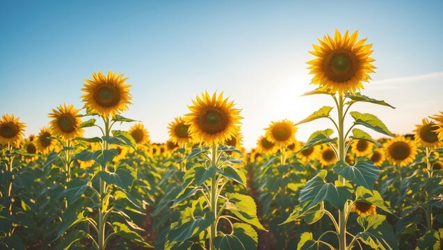 Sunflower field in full bloom under a clear blue sky during golden hour with vibrant yellow flowers and green foliage Copy Space