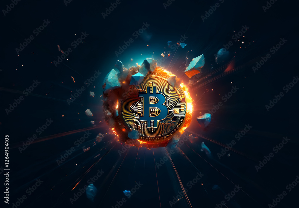 Poster a digital currency coin, resembling bitcoin, bursts with energy in a dark space. fragments fly out f