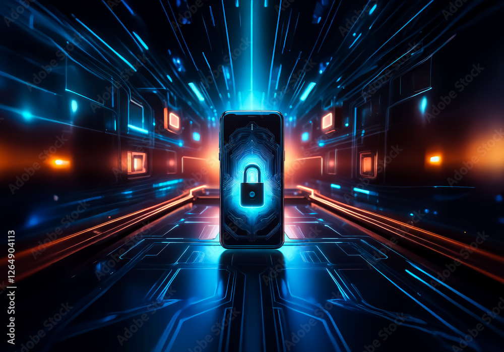Leinwandbilder futuristic digital lock on a phone screen in a vibrant cybernetic network. glowing blue and orange l