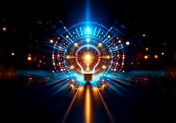 Obraz premium A luminous light bulb radiates bright rays in a dark space, surrounded by circular light patterns. It evokes a futuristic, energetic, and innovative concept with blue, orange, and black colors.