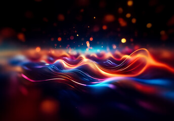 Abstract waves of vibrant light flow across a dark backdrop, creating a dynamic and energetic scene with bokeh effect and colorful illumination.