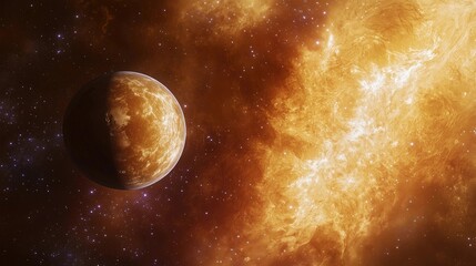 A planet is shown in the foreground of a space scene. The planet is surrounded by a bright orange cloud of gas and dust. The scene is filled with stars