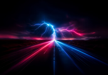 Dramatic image of vivid blue and red lightning illuminating a dark and stormy landscape. Electric energy pulses through the scene, creating a powerful visual impact.