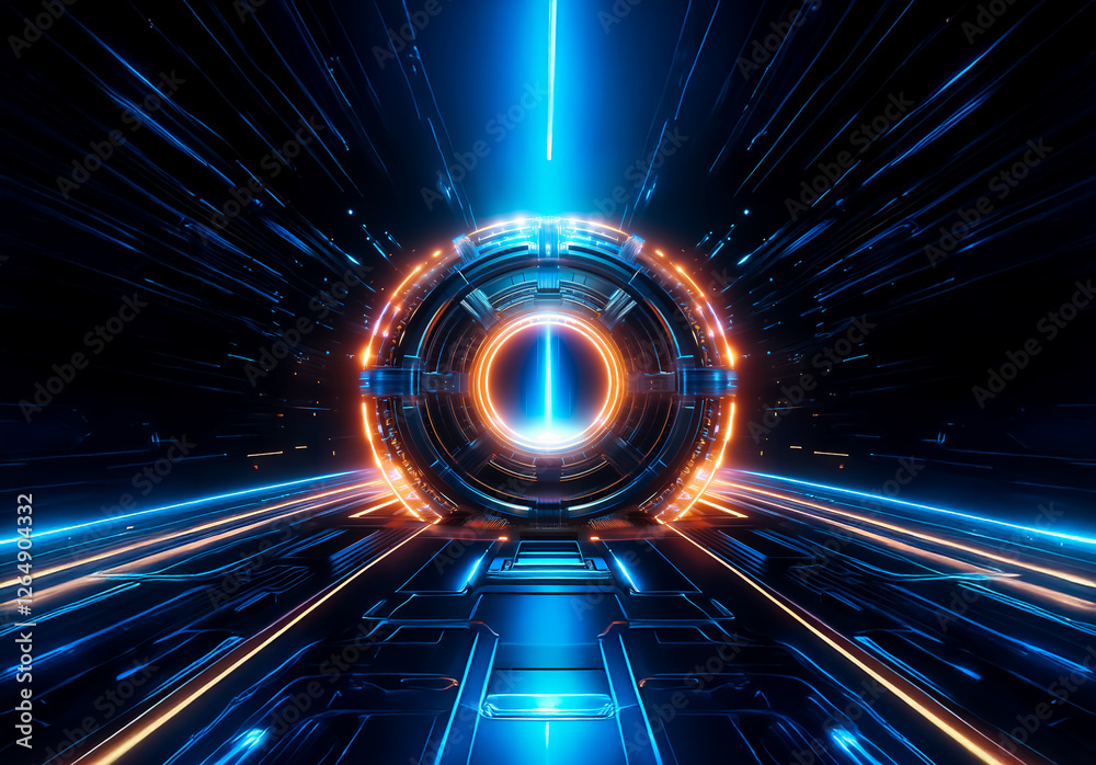 Leinwandbilder futuristic portal with vibrant blue and orange lights illuminates a dark tunnel. lines of light conv
