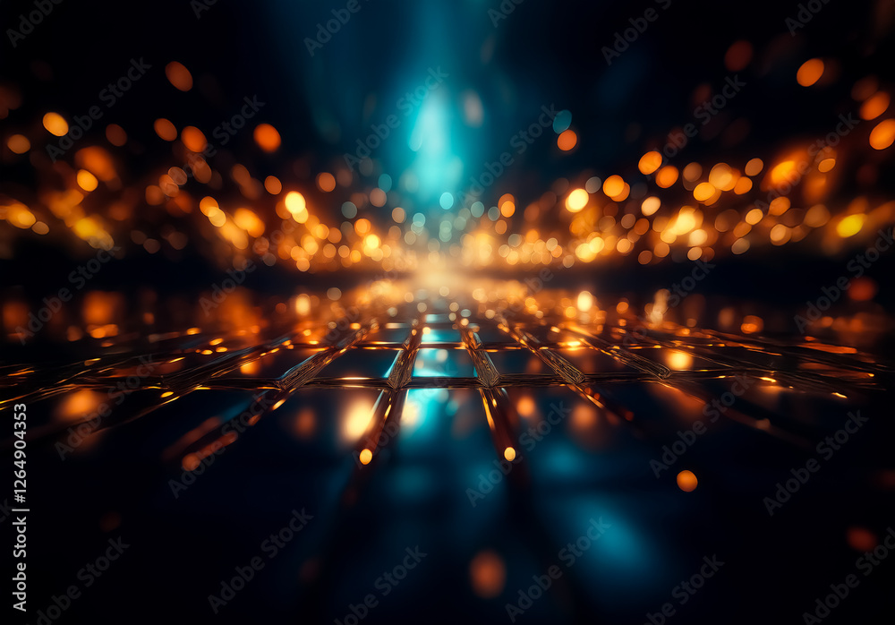 Aufkleber Abstract image featuring blurry orange and blue lights on a dark surface. The scene creates a futuristic and dynamic atmosphere with a sense of depth and reflection.