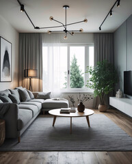 Fototapeta premium Clean and modern Scandinavian living room design with a neutral gray couch minimalist decor and functional space for relaxation Modern Interior Design Inspiration