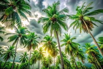 Dramatic Panning Palm Trees Low Angle Cloudy Day Bokeh