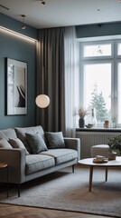 Fototapeta premium Clean Scandinavian living room design with neutral gray couch minimalist furniture and bright natural light for a spacious vibe Modern Interior Design Inspiration