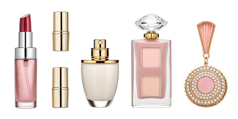 Luxury Beauty Collection Cosmetics, Perfumes & Feminine Accessories on Transparent Background