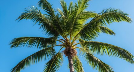 Palm tree against clear blue sky showcasing lush green fronds and trunk detail natural tropical environment with copy space
