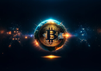 Bright glowing bitcoin symbol at the center, surrounded by digital particles and energy bursts, against a dark background. Modern and tech vibe.