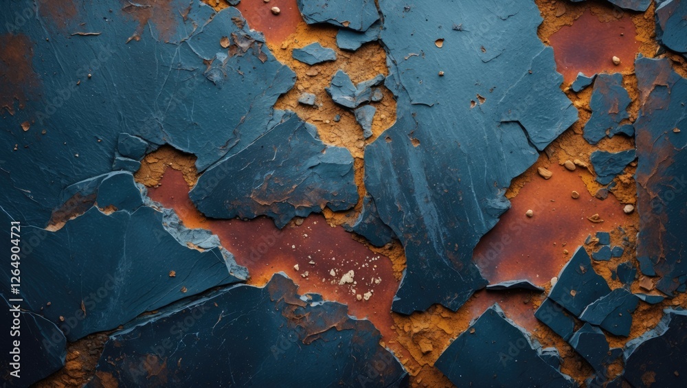Poster blue and rust colored peeling paint texture on wall surface with abstract patterns and details suita