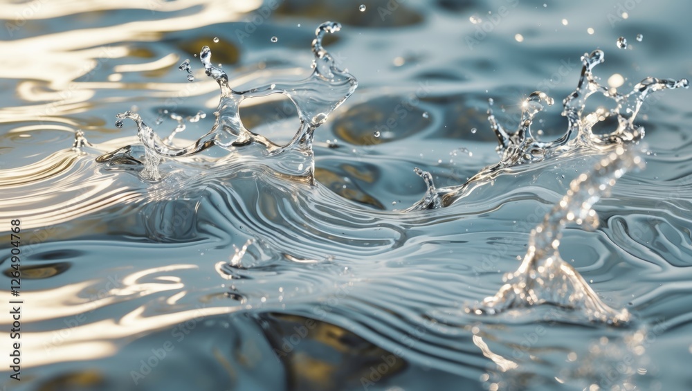Poster close-up of water droplets splashing on smooth surface creating ripples and reflections with soft li