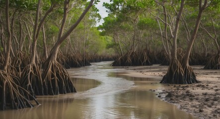 Fototapeta premium Mangrove forest with winding river surrounded by lush greenery and exposed roots in natural habitat Ñ„Ð¾Ñ‚Ð¾Ð³Ñ€Ð°Ñ„Ð¸Ð¸ Copy Space