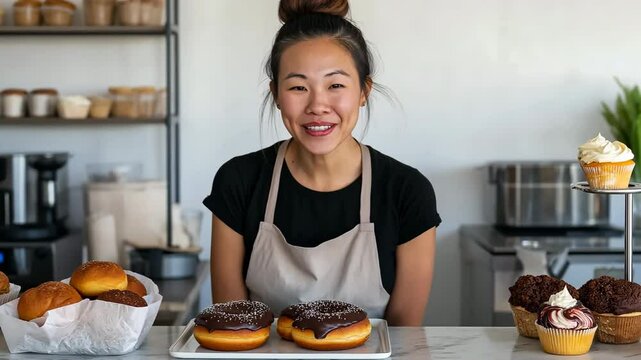 A woman is smiling and standing behind a counter with a variety of pastries